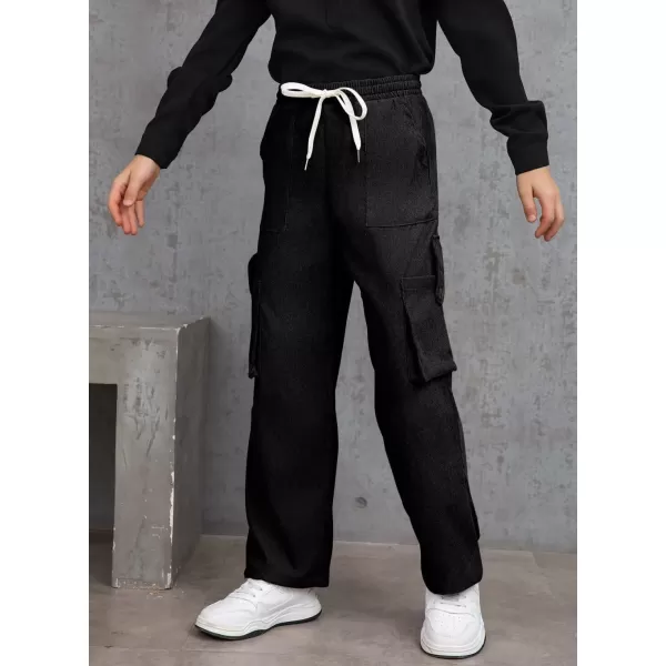 Boys Corduroy Cargo Pants Drawstring Elastic Waist Straight Leg Trousers for Kids 7-15 Years