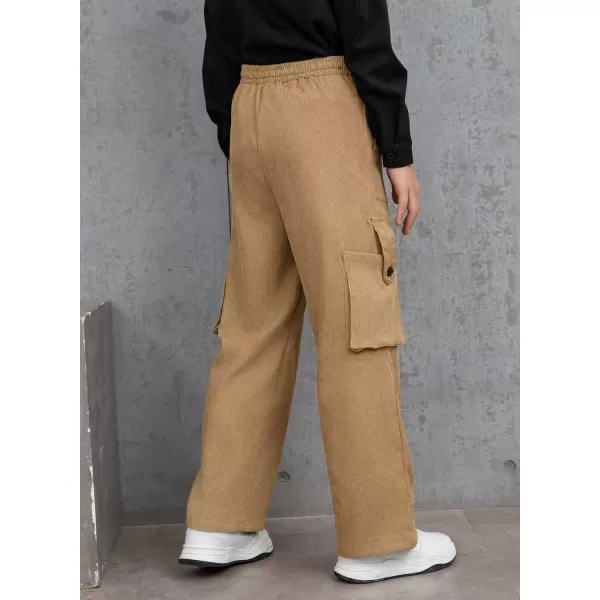 Boys Corduroy Cargo Pants Drawstring Elastic Waist Straight Leg Trousers for Kids 7-15 Years