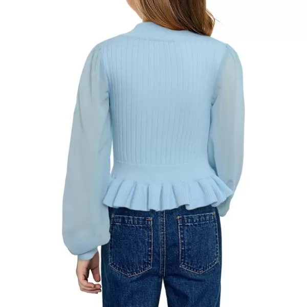 Girls Chiffon Puff Long Sleeve Sweaters Cute Crewneck Knit Ruffle Pullover Sweaters 7-15 Years