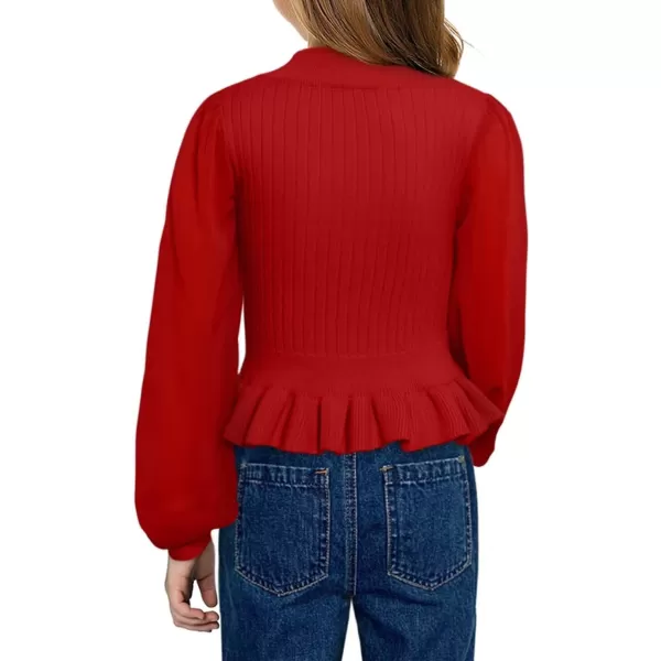 Girls Chiffon Puff Long Sleeve Sweaters Cute Crewneck Knit Ruffle Pullover Sweaters 7-15 Years