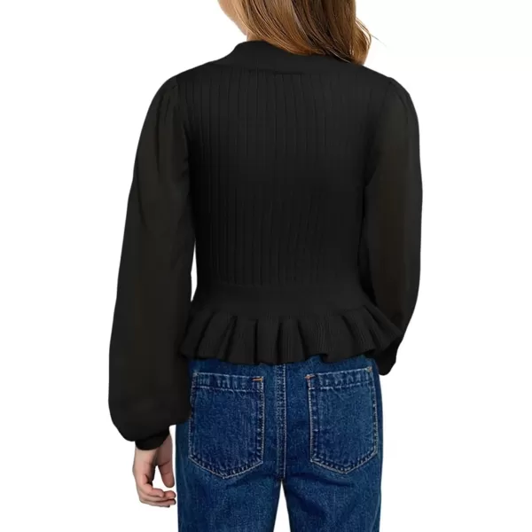 Girls Chiffon Puff Long Sleeve Sweaters Cute Crewneck Knit Ruffle Pullover Sweaters 7-15 Years