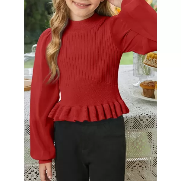 Girls Chiffon Puff Long Sleeve Sweaters Cute Crewneck Knit Ruffle Pullover Sweaters 7-15 Years