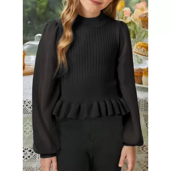 Girls Chiffon Puff Long Sleeve Sweaters Cute Crewneck Knit Ruffle Pullover Sweaters 7-15 Years