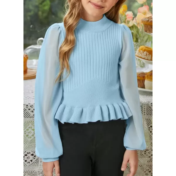 Girls Chiffon Puff Long Sleeve Sweaters Cute Crewneck Knit Ruffle Pullover Sweaters 7-15 Years
