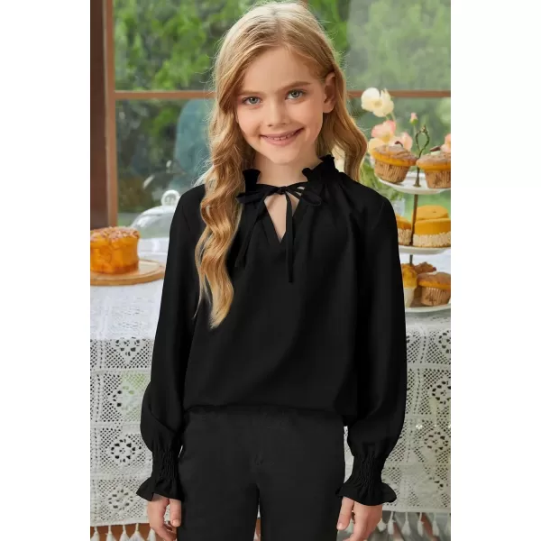 Girls Cute Long Sleeve Chiffon Blouses 2024 Casual V Neck Smocked Cuffs Shirts Tops 7-15 Years