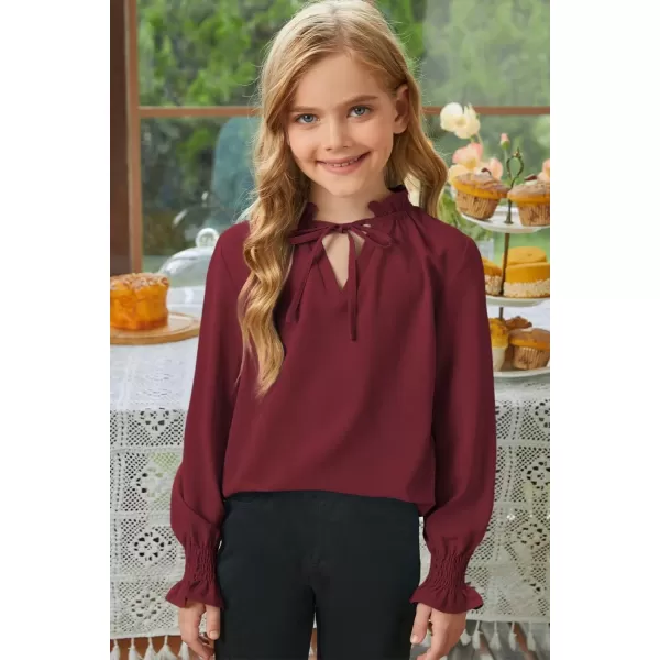 Girls Cute Long Sleeve Chiffon Blouses 2024 Casual V Neck Smocked Cuffs Shirts Tops 7-15 Years
