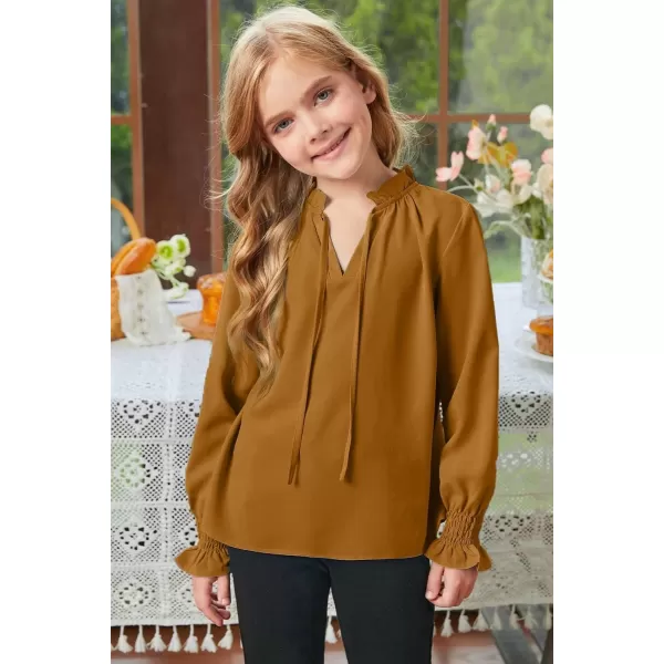 Girls Cute Long Sleeve Chiffon Blouses 2024 Casual V Neck Smocked Cuffs Shirts Tops 7-15 Years