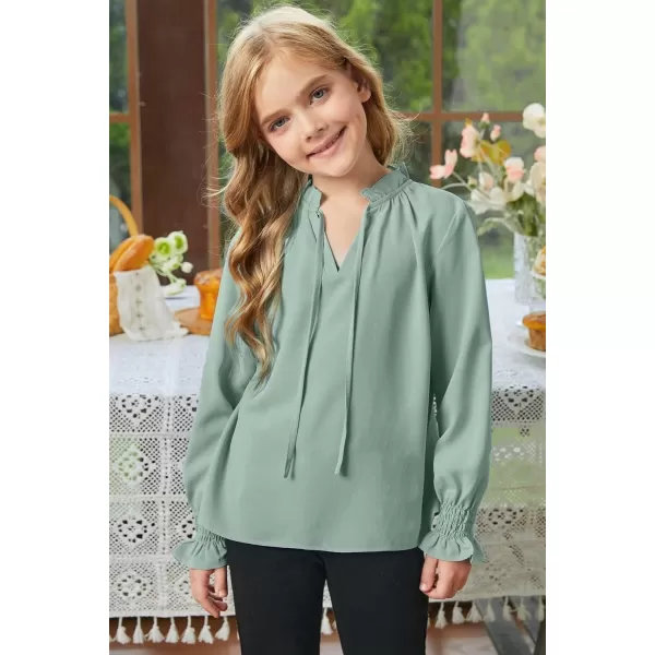 Girls Cute Long Sleeve Chiffon Blouses 2024 Casual V Neck Smocked Cuffs Shirts Tops 7-15 Years