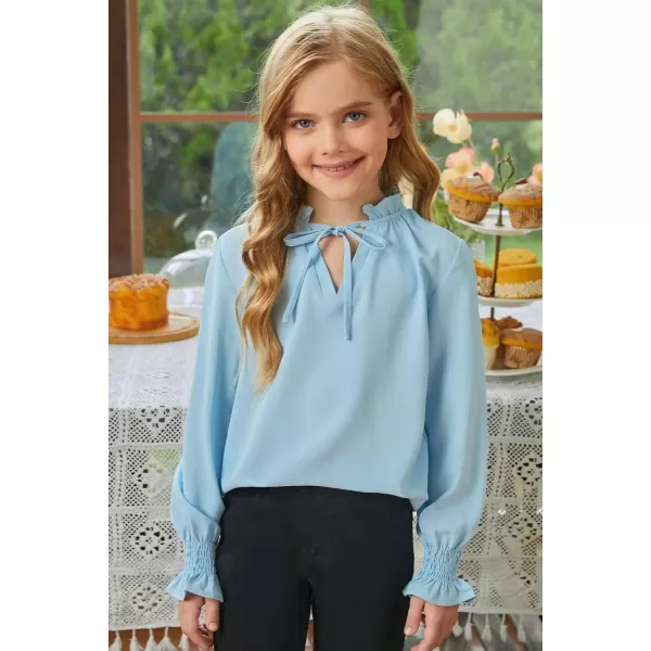Girls Cute Long Sleeve Chiffon Blouses 2024 Casual V Neck Smocked Cuffs Shirts Tops 7-15 Years