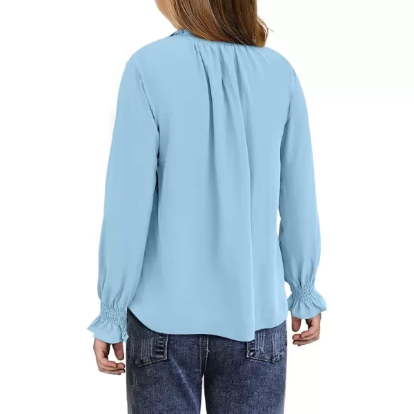 Girls Cute Long Sleeve Chiffon Blouses 2024 Casual V Neck Smocked Cuffs Shirts Tops 7-15 Years
