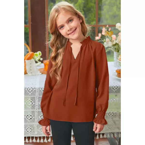 Girls Cute Long Sleeve Chiffon Blouses 2024 Casual V Neck Smocked Cuffs Shirts Tops 7-15 Years