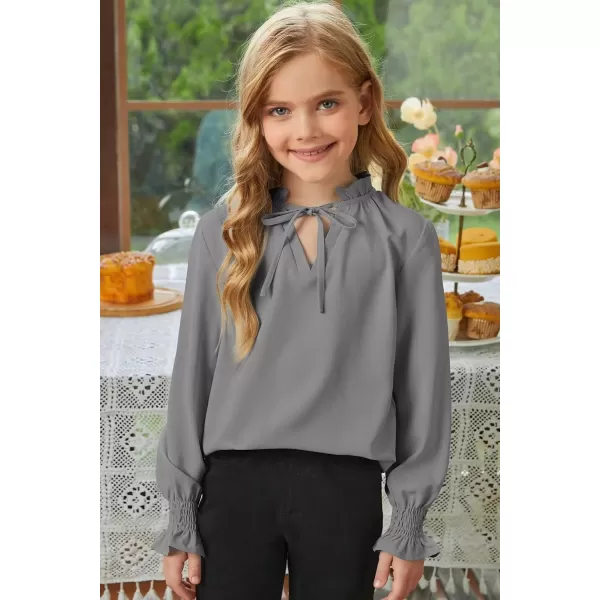Girls Cute Long Sleeve Chiffon Blouses 2024 Casual V Neck Smocked Cuffs Shirts Tops 7-15 Years