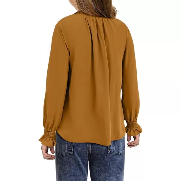 Girls Cute Long Sleeve Chiffon Blouses 2024 Casual V Neck Smocked Cuffs Shirts Tops 7-15 Years
