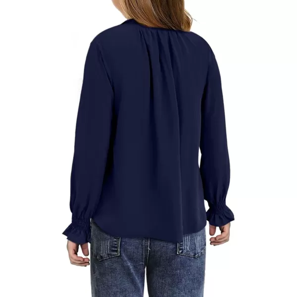 Girls Cute Long Sleeve Chiffon Blouses 2024 Casual V Neck Smocked Cuffs Shirts Tops 7-15 Years