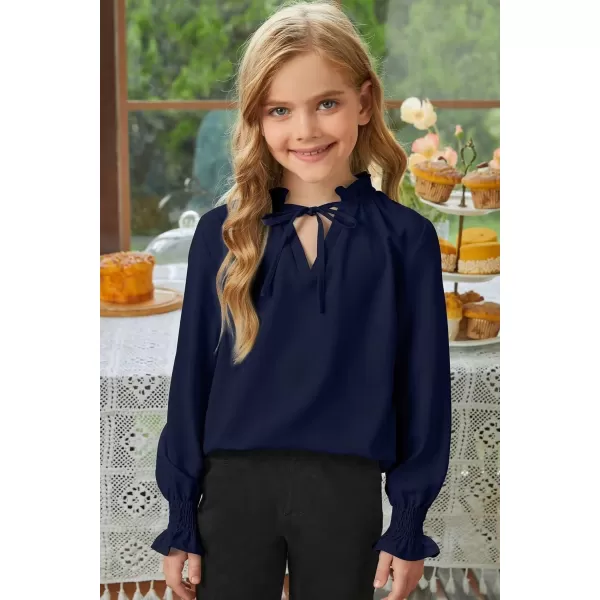 Girls Cute Long Sleeve Chiffon Blouses 2024 Casual V Neck Smocked Cuffs Shirts Tops 7-15 Years