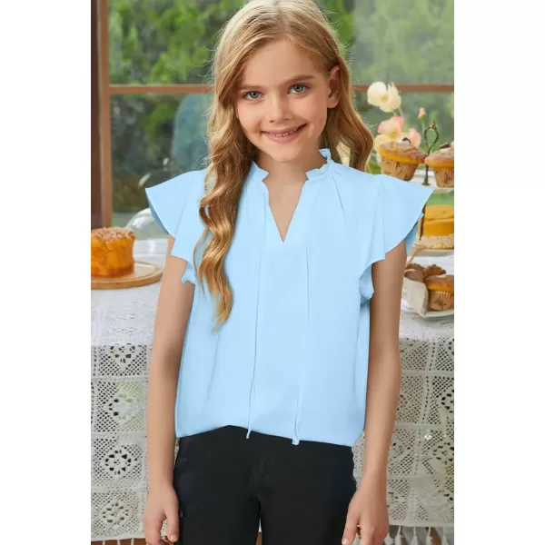 Girls Cute Ruffle Short Sleeve T Shirts Casual V Neck Chiffon Blouse Tops 6-15 Years