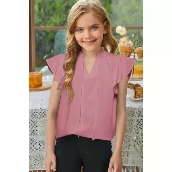 Girls Cute Ruffle Short Sleeve T Shirts Casual V Neck Chiffon Blouse Tops 6-15 Years