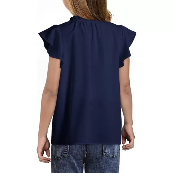 Girls Cute Ruffle Short Sleeve T Shirts Casual V Neck Chiffon Blouse Tops 6-15 Years