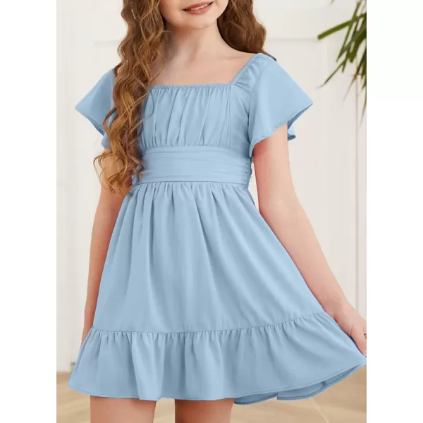 Girls Elegant Ruffle Short Sleeve Back Tie Dresses 6-13 Years Old