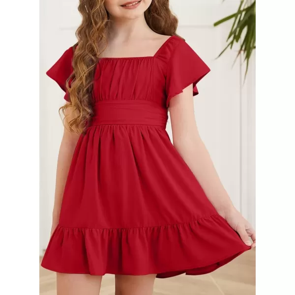 Girls Elegant Ruffle Short Sleeve Back Tie Dresses 6-13 Years Old