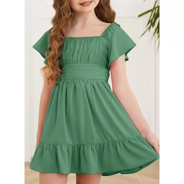 Girls Elegant Ruffle Short Sleeve Back Tie Dresses 6-13 Years Old