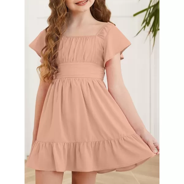 Girls Elegant Ruffle Short Sleeve Back Tie Dresses 6-13 Years Old