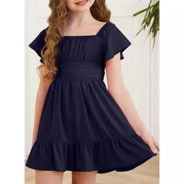 Girls Elegant Ruffle Short Sleeve Back Tie Dresses 6-13 Years Old