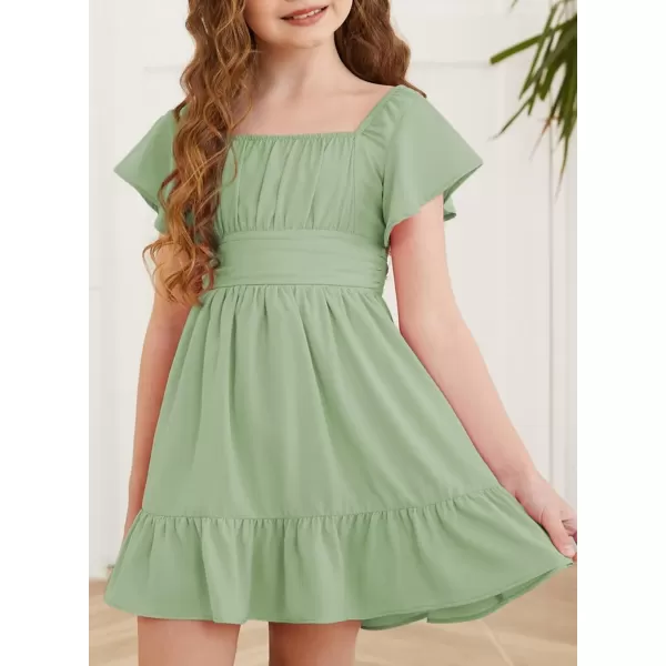 Girls Elegant Ruffle Short Sleeve Back Tie Dresses 6-13 Years Old