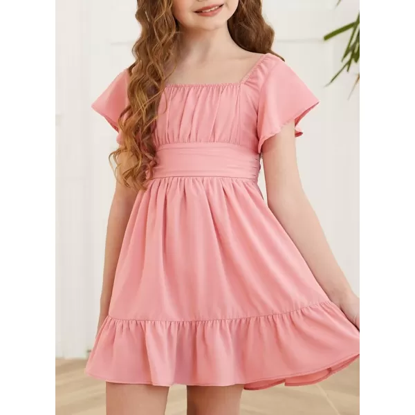 Girls Elegant Ruffle Short Sleeve Back Tie Dresses 6-13 Years Old