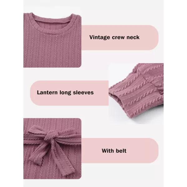 Girls Fall Long Sleeve Textured Dress Casual Crewneck Belted A Line Dresses 7-15 Years