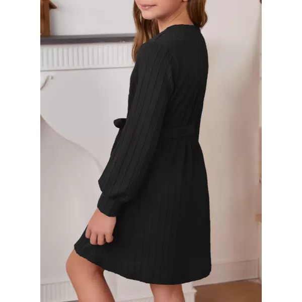 Girls Fall Long Sleeve Textured Dress Casual Crewneck Belted A Line Dresses 7-15 Years