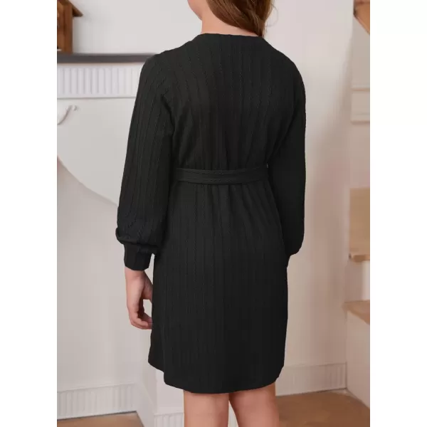 Girls Fall Long Sleeve Textured Dress Casual Crewneck Belted A Line Dresses 7-15 Years