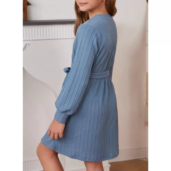 Girls Fall Long Sleeve Textured Dress Casual Crewneck Belted A Line Dresses 7-15 Years