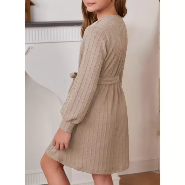 Girls Fall Long Sleeve Textured Dress Casual Crewneck Belted A Line Dresses 7-15 Years
