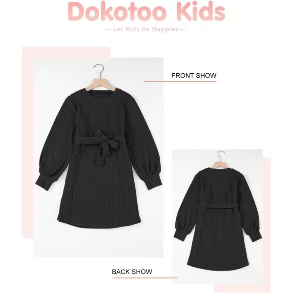 Girls Fall Long Sleeve Textured Dress Casual Crewneck Belted A Line Dresses 7-15 Years