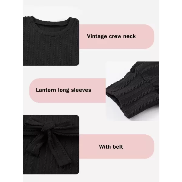 Girls Fall Long Sleeve Textured Dress Casual Crewneck Belted A Line Dresses 7-15 Years