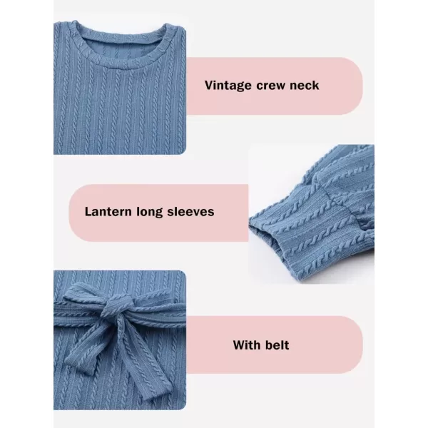 Girls Fall Long Sleeve Textured Dress Casual Crewneck Belted A Line Dresses 7-15 Years
