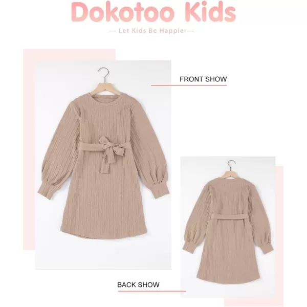 Girls Fall Long Sleeve Textured Dress Casual Crewneck Belted A Line Dresses 7-15 Years