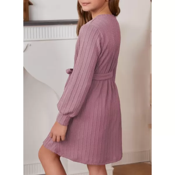 Girls Fall Long Sleeve Textured Dress Casual Crewneck Belted A Line Dresses 7-15 Years