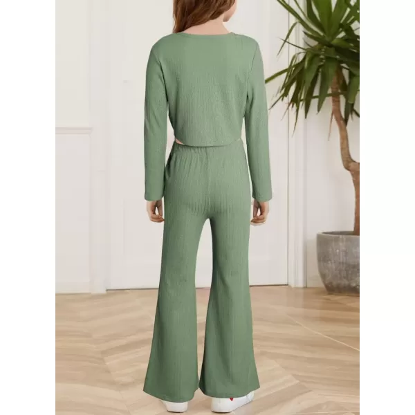 Girls' Fashion 2 Piece Outfits Fall Long Sleeve Twist Crop Tops and Flare Bell Bottom Pants Set