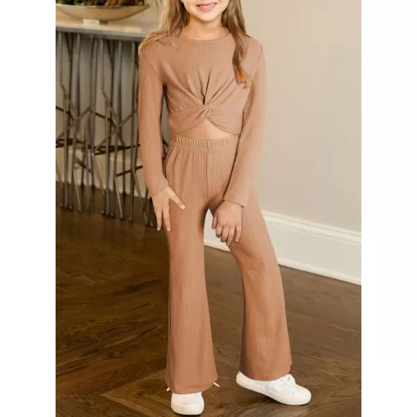 Girls' Fashion 2 Piece Outfits Fall Long Sleeve Twist Crop Tops and Flare Bell Bottom Pants Set