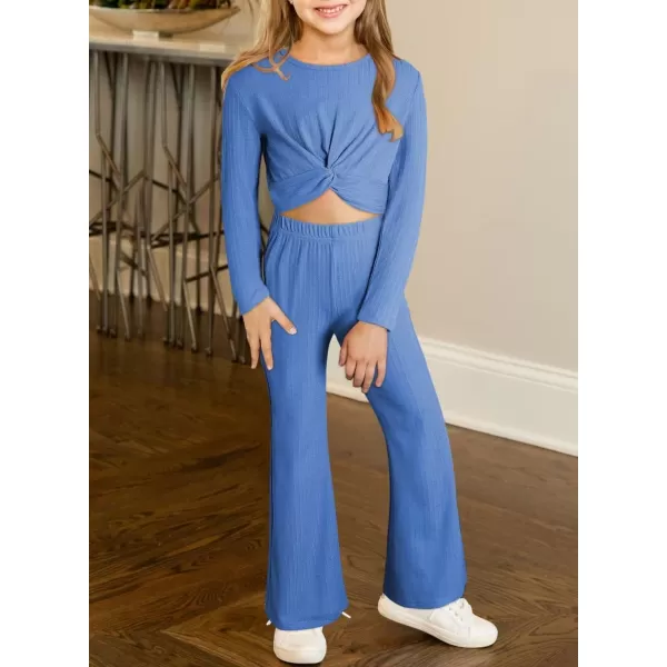 Girls' Fashion 2 Piece Outfits Fall Long Sleeve Twist Crop Tops and Flare Bell Bottom Pants Set