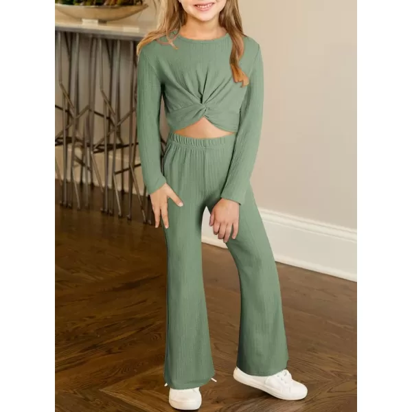 Girls' Fashion 2 Piece Outfits Fall Long Sleeve Twist Crop Tops and Flare Bell Bottom Pants Set