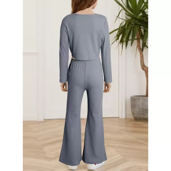 Girls' Fashion 2 Piece Outfits Fall Long Sleeve Twist Crop Tops and Flare Bell Bottom Pants Set