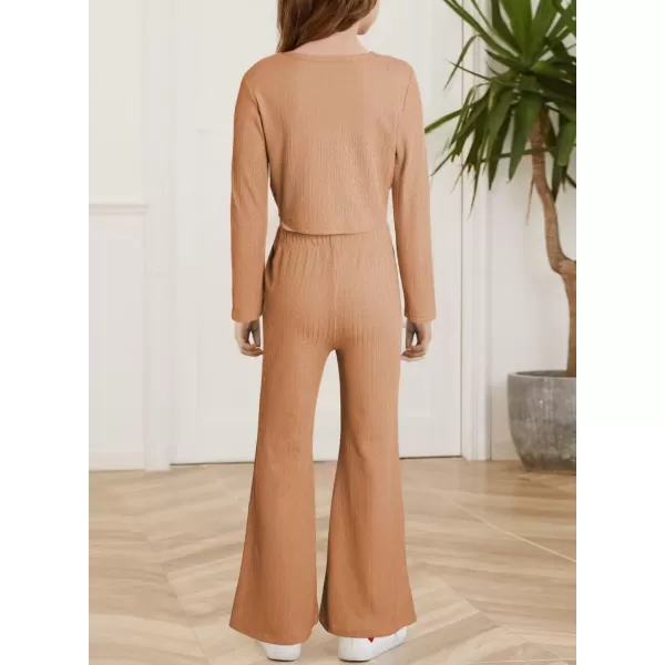 Girls' Fashion 2 Piece Outfits Fall Long Sleeve Twist Crop Tops and Flare Bell Bottom Pants Set