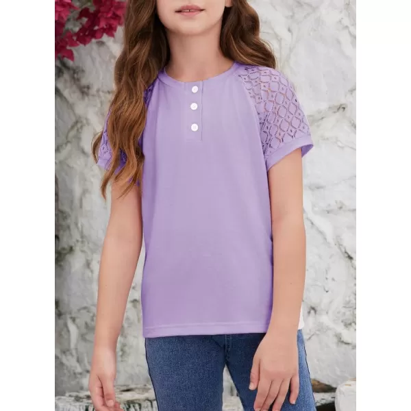 Girls Fashion Lace Short Sleeve Shirts Casual Button Crewneck Blouses Tops 6-15 Years