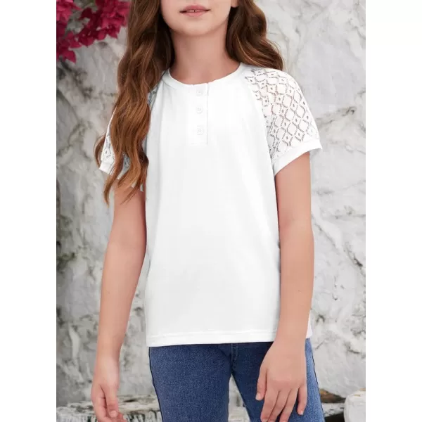 Girls Fashion Lace Short Sleeve Shirts Casual Button Crewneck Blouses Tops 6-15 Years