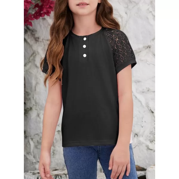 Girls Fashion Lace Short Sleeve Shirts Casual Button Crewneck Blouses Tops 6-15 Years