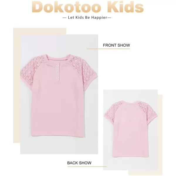 Girls Fashion Lace Short Sleeve Shirts Casual Button Crewneck Blouses Tops 6-15 Years