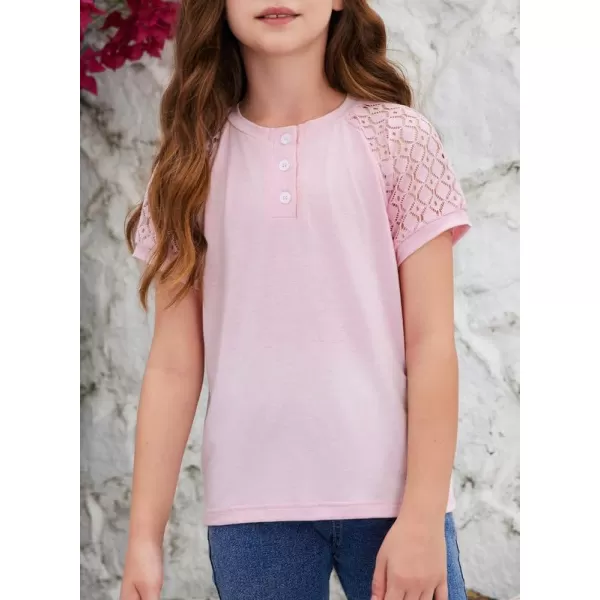 Girls Fashion Lace Short Sleeve Shirts Casual Button Crewneck Blouses Tops 6-15 Years